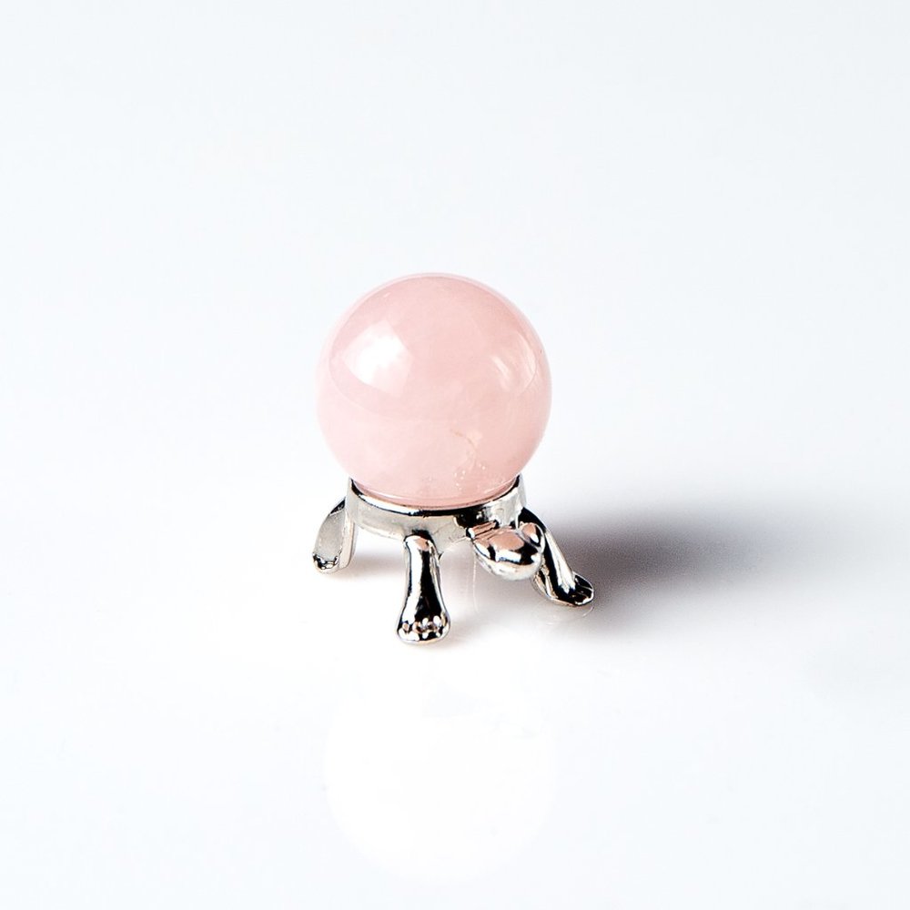 1 Rose Quartz Gemstone 20mm Sphere on Silver Turtle Stand Ball Massage